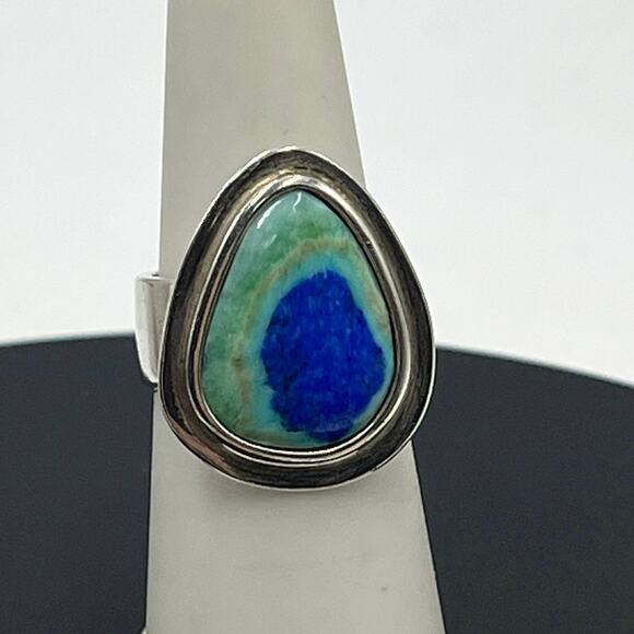 Vintage Sterling Silver 925
Azurite Malachite Teardrop
Ring Sz 6 Wide Band 8.6g - Picture 1 of 10
